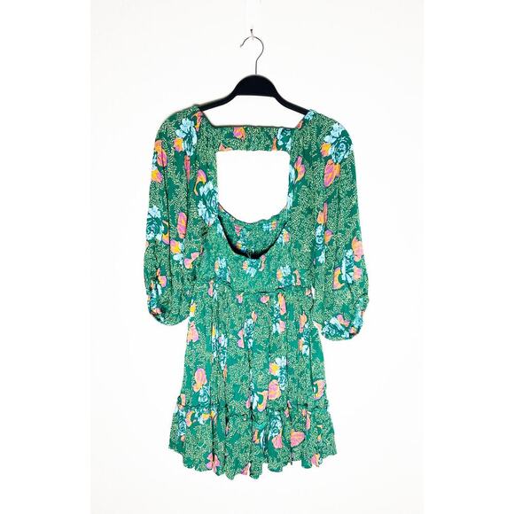 Free People Womens Endless Summer Picnic Printed Smocked Mini Dress Green Floral - Picture 4 of 11